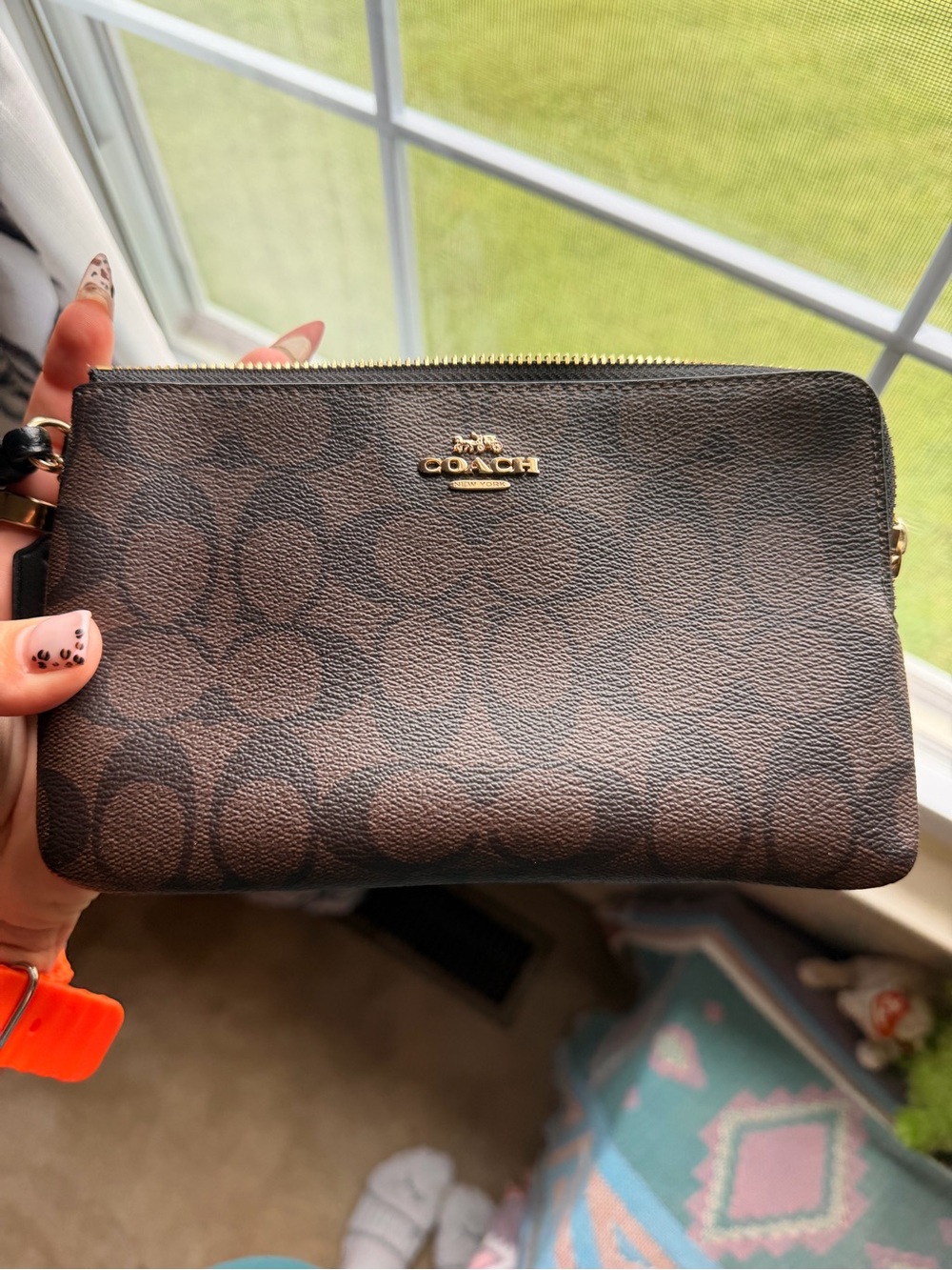 COACH Brown Signature Double Zip Wristlet